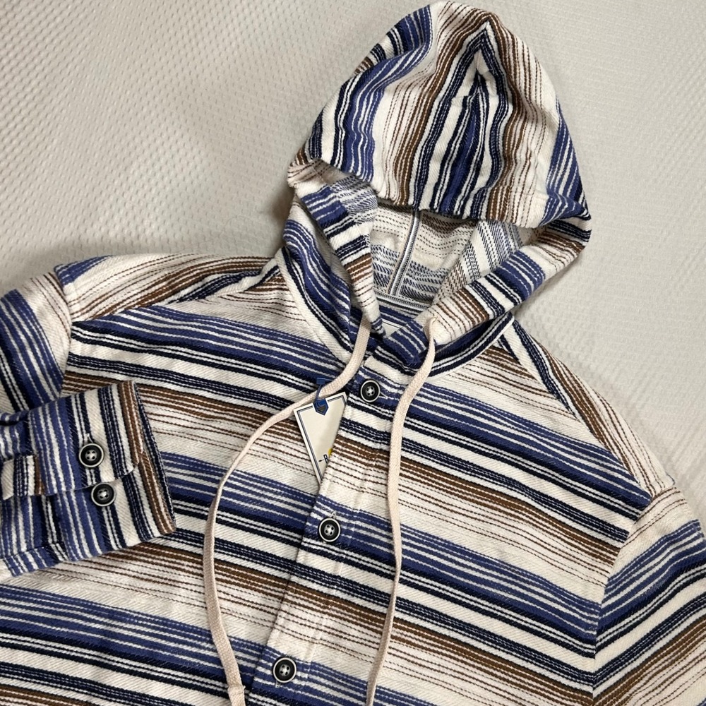 ROWM Striped Cotton Button Front Hoodie Shirt Jacket Mens M Beachy Baja NEW